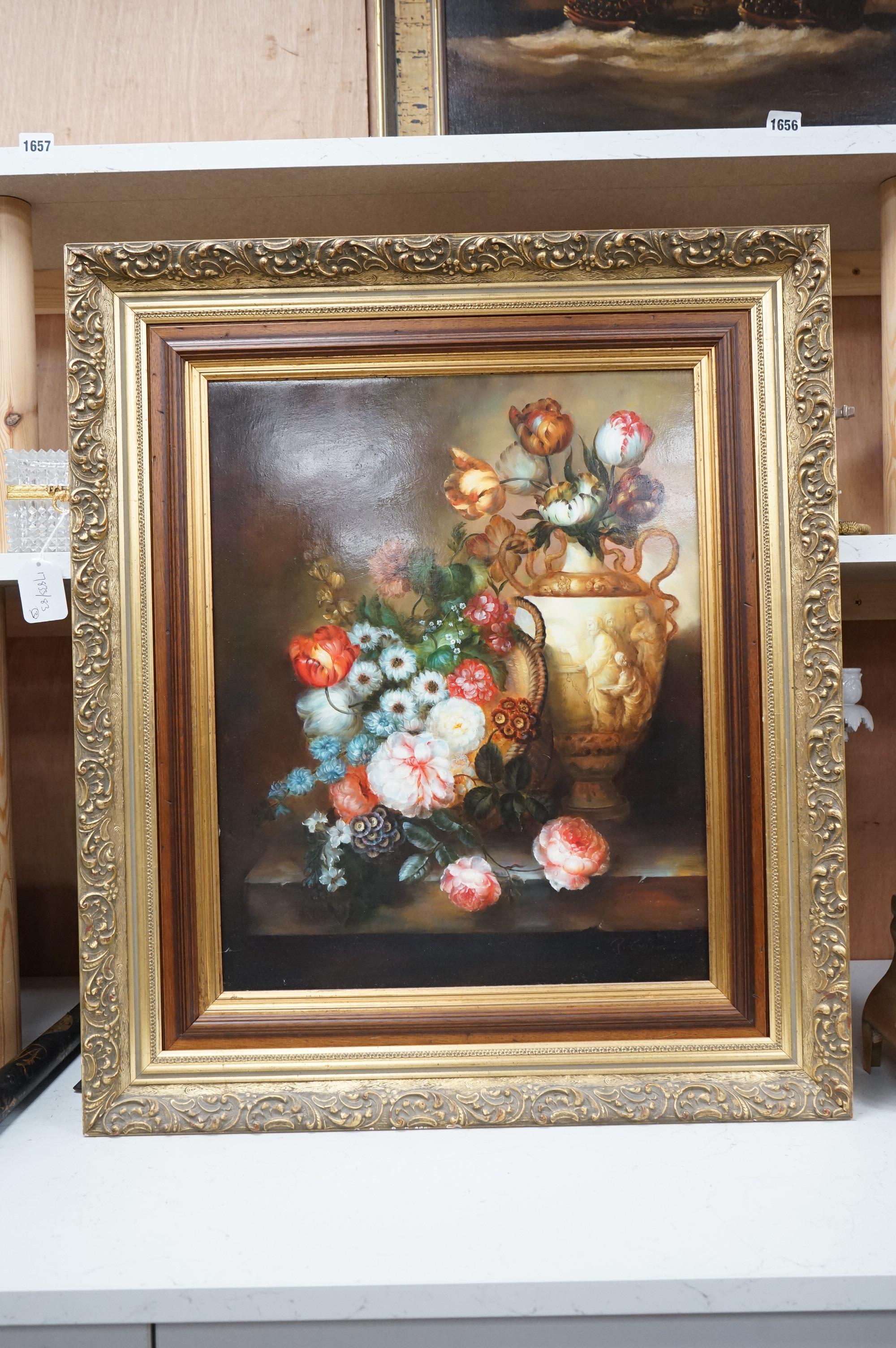R. Gessner (Dutch, 20th. C), oil on panel, 'Still life with flowers in a vase on a ledge', signed, 50 x 40cm, ornate gilt frame.
